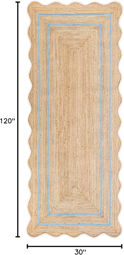 Wave Scalloped Natural Jute Rug Boho Jute Entryway Runner Rug Farmhouse Scallop Rug, Sky Blue (2'6"x10')