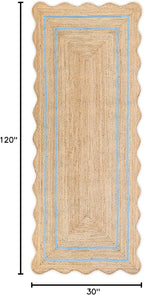 Wave Scalloped Natural Jute Rug Boho Jute Entryway Runner Rug Farmhouse Scallop Rug, Sky Blue (2'6"x10')