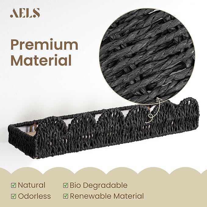 AELS Scalloped Nursery Bookshelf, Set of 3, Picture Ledge Shelf for Wall Decor, Woven Natural Fibre Floating Shelves for Books, Toys, Photo Frames, Nursery, Boho Modern Farmhouse Book Shelf, Black