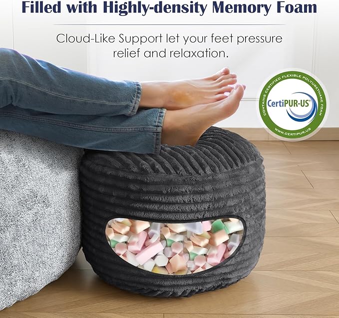 Round Pouf Ottoman,Corduroy Poufs with Memory Foam Filling for Foot Rest,Soft Footstool for Living Room,20"x 15",Dark Grey