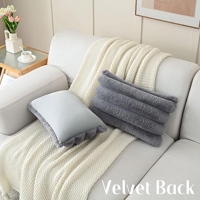 FUTEI Grey Decorative Throw Pillow Covers 12x20 Inch Set of 2, Square Soft Faux Rabbit Fur Thick Striped Lumbar Pillow Case,Spring Home Decor for Couch Bed Living Room