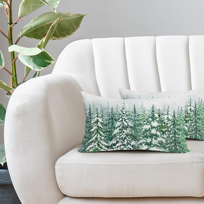 Kawani Green Pine Tree Lumbar Pillow Covers 12X20 Inch Winter Forest Snowflake Decorative Pillow Cases Set of 2 Christmas Holiday Throw Pillows for Cushion Sofa Couch Outdoor