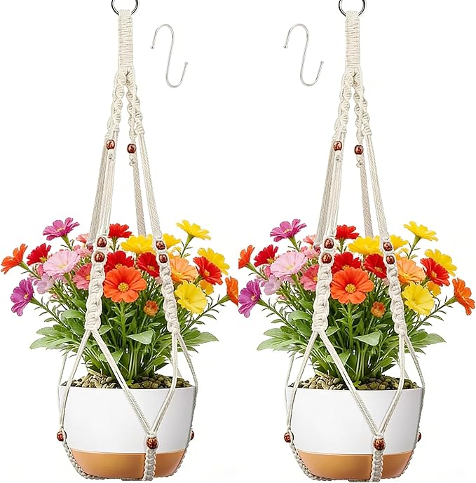 Macrame Plant Hanger Indoor Hanging Holder Window Plant Hanger Wall Outdoor Large Long Boho Home Decor Ceiling Basket Plants Hangers (2pack-Ivory)
