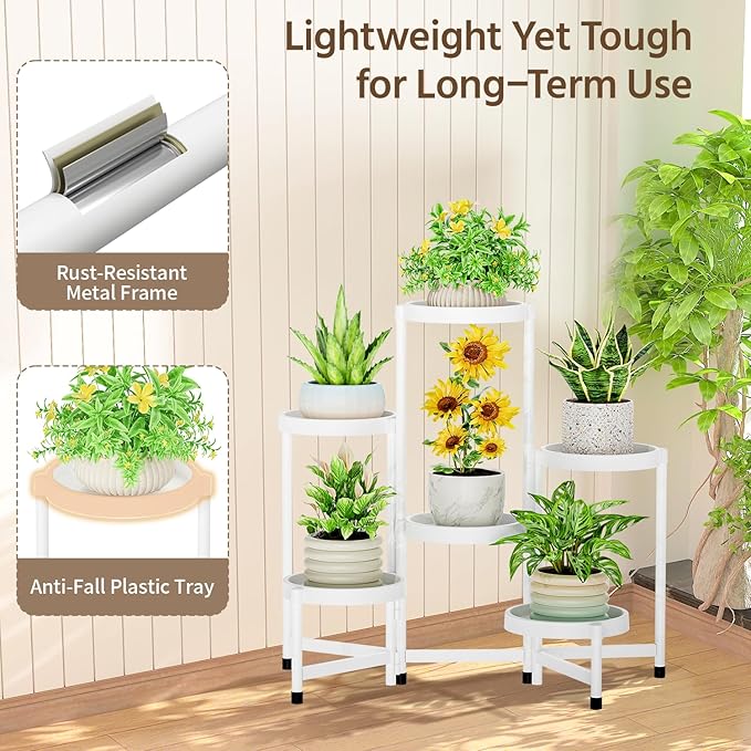 LASZOLA 6 Tiered Plant Stand Indoor Outdoor with Plastic Tray, Corner Folding Tall Flower Display Rack, Modern Plant Holder Shelf for Outdoor Patio Porch Garden Office Living Room, White