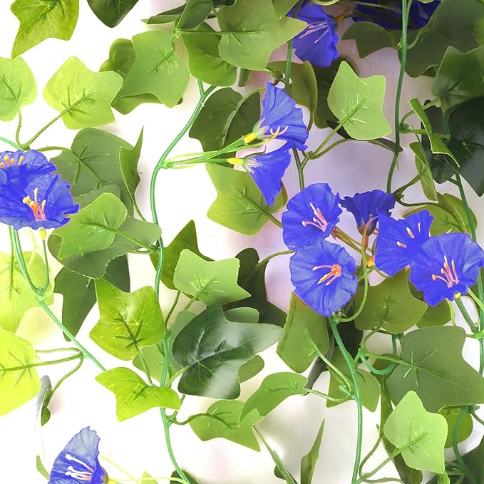 Artificial Fake Hanging Flowers Plants Basket for Spring Outdoor Outside Decoration, UV Resistant Faux Plastic Fabric Flower Morning Glory Wisteria Petunia for Garden Porch Patio Balcony Yard Decor