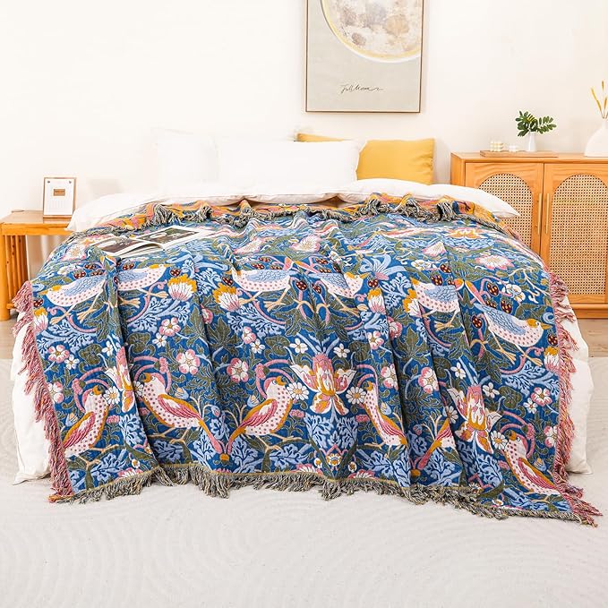 Boho Cotton Muslin Twin Size Bed Throws,100% Cotton Rustic 4 Layer Reversible Bid and Floral Woven Washable Breathable Decor Quilt 60"×80" for Couch Sofa All Seasons,Blue &Yellow