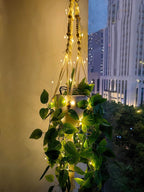 2 Pack Macrame Plant Hanger with Lights Indoor Hanging Planter Basket with Wood Beads Flower Pot Holder Handwoven Cotton Rope Tassels for Boho Home Window Decor 43.5 Inch, Ivory (POTS NOT Included)
