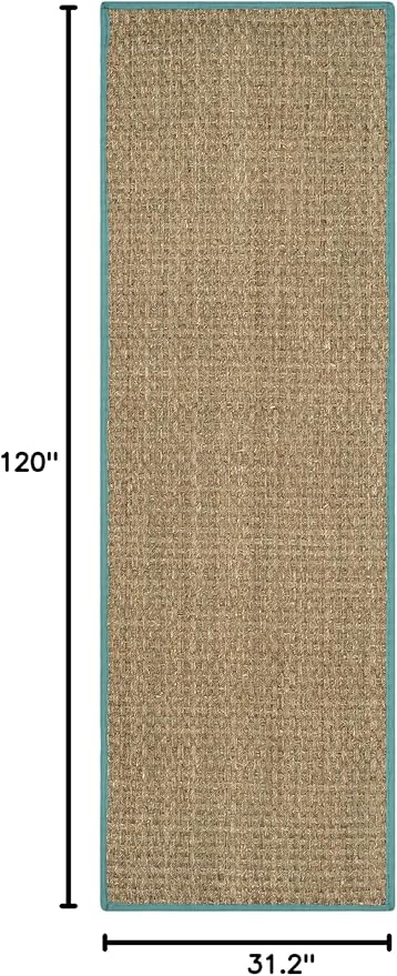 SAFAVIEH Natural Fiber Collection Runner Rug - 2'6" x 10', Natural & Teal, Seagrass, Basketweave Pattern with Border (NF114R)
