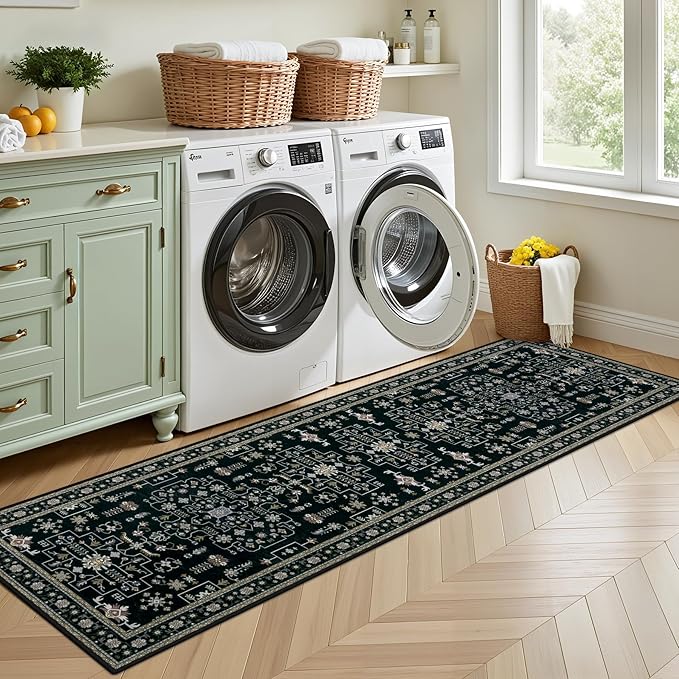 Hallway Runner Rug Non Slip - Washable 2.6x8 Kitchen Rugs for Living Room, Low-Pile Soft Bedroom Rug Indoor Floor Stain Resistant Carpets for Entryway, Laundry, Bathroom Black