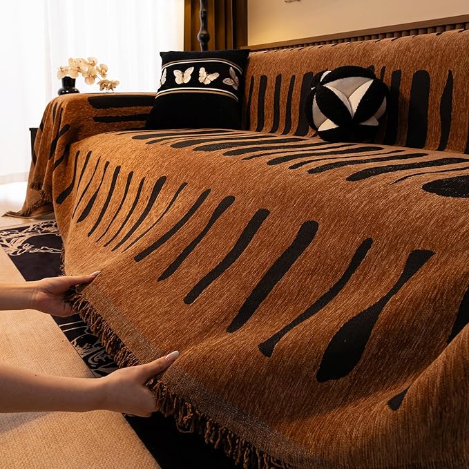 VClife Aztec Couch Cover for Sofa, Thick Plush Jacquard Couch Cover for Sectional Sofa, Breathable Washable Sofa Slipcover for Dog, Bohemian Moroccan White Pumpkin Slip Cover 71"X118"