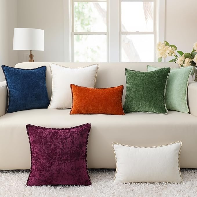 decorUhome Chenille Soft Cozy Throw Pillow Covers 26x26 Set of 2, Modern Farmhouse Boho Velvet Decorative Euro Sham Pillow Cases with Stitched Edge for Couch Sofa Bed Home Decor, Rust