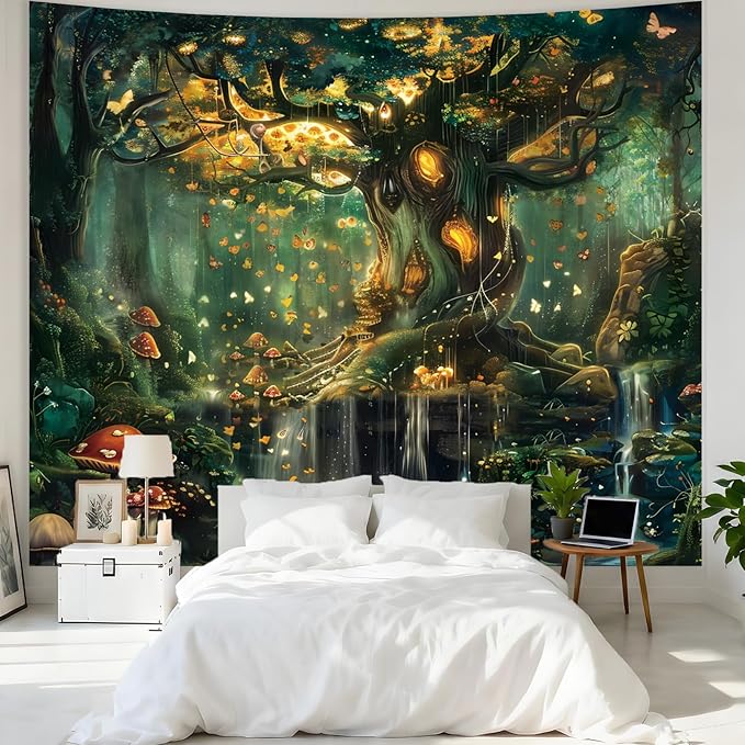 Apdidl Extra Large Forest Wall Tapestry for Bedroom, Nature Green Tree of Life Tapestries Wall Hanging, Fairy Tales Magical Landscape Backdrop Tapestry for Living Room Dorm Decor (71"X90")