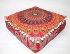 CRAFT KALA Red Peacock Large Hippie Mandala Meditation Floor Ottoman Pillow Cushion Pouf Cover Square Poufs Bohemian Circle Floor Cushion Case Outdoor Fireplace Yoga Living Room Decor Cover 18" Square