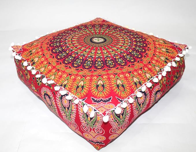 CRAFT KALA Red Peacock Large Hippie Mandala Meditation Floor Ottoman Pillow Cushion Pouf Cover Square Poufs Bohemian Circle Floor Cushion Case Outdoor Fireplace Yoga Living Room Decor Cover 16" Square