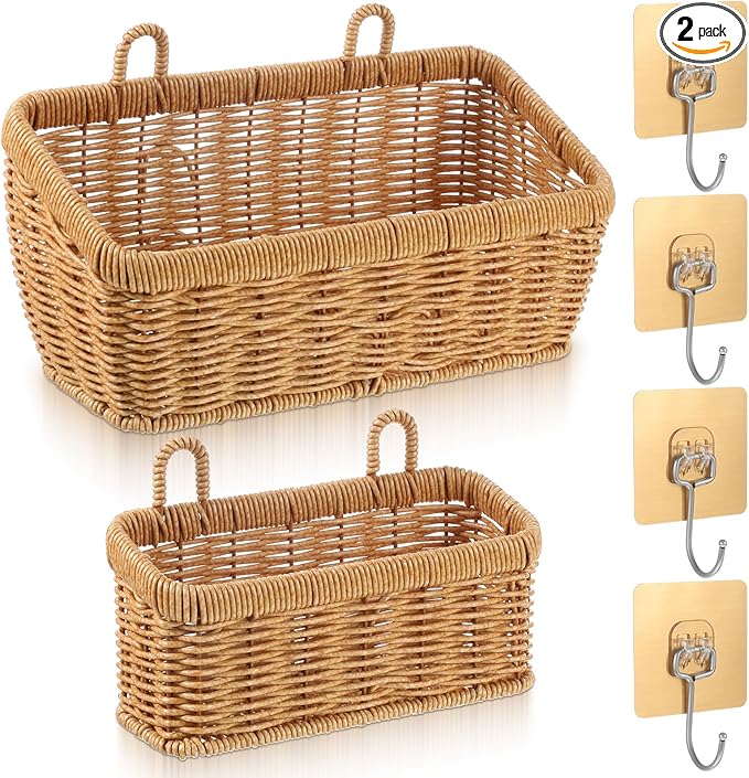 2 Pcs Wall Hanging Baskets for Storage, Woven Hanging Basket with 4 Hooks Boho Style Hangings Storage Basket Plastic Woven Baskets for Home Decor Bathroom Kitchen Decor
