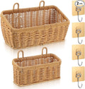 2 Pcs Wall Hanging Baskets for Storage, Woven Hanging Basket with 4 Hooks Boho Style Hangings Storage Basket Plastic Woven Baskets for Home Decor Bathroom Kitchen Decor