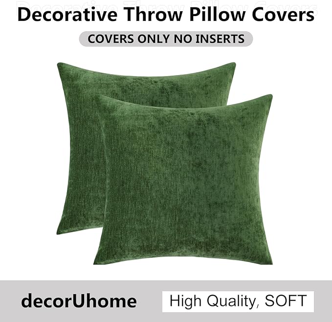 decorUhome Chenille Moss Green Spring Throw Pillow Covers 18x18 Inch Set of 2, Decorative Soft Couch Pillow Covers Solid Dyed Accent Farmhouse Neutral Square Pillow Cases for Sofa
