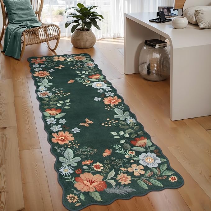 Lahome Floral Hallway Runner, 2X6 Washable Runner Rug Non-Slip, Ultra-Thin Soft Stain Resistant Boho Low-Pile Carpet for ‎Kitchen Laundry Bathroom Bedroom Flore, Dark Green