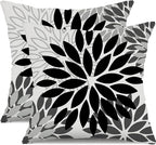 DFXSZ Black Grey Flower Pillow Covers 20x20 Inch Set of 2 White Gray Colored Throw Pillows Outdoor Waterproof Decor for Living Room Sofa Patio Funiture Garden Floral Polyester Pillow Covers 002I20