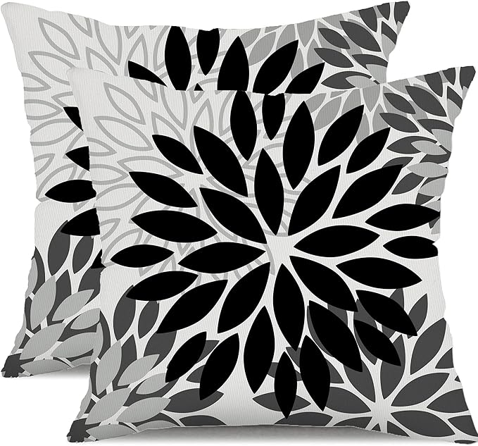 DFXSZ Black Grey Flower Pillow Covers 16x16 Inch Set of 2 White Gray Colored Throw Pillows Outdoor Waterproof Decor for Living Room Sofa Patio Funiture Garden Floral Polyester Pillow Covers 002I16