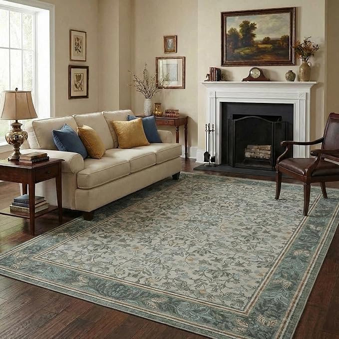 GarveeHome 5x7 Area Rugs Washable Rugs for Living Room, Boho Vintage Rug Non Slip Low Pile Stain Resistance Indoor Soft Large Carpet for Bedroom Dining Room Office Sage Green