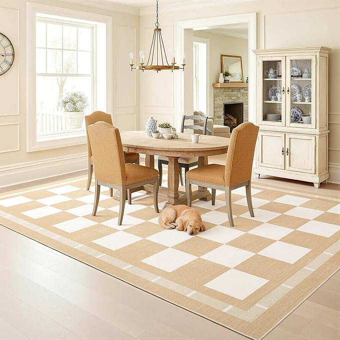 Vasofe Checkered Jute Rugs, 6x9 Large Washable Outdoor Patio Rug, Living Room Bedroom Dining Room Indoor Carpet, Non Slip Modern Farmhouse Neutral Geometric Porch Classroom Mat, Khaki and White