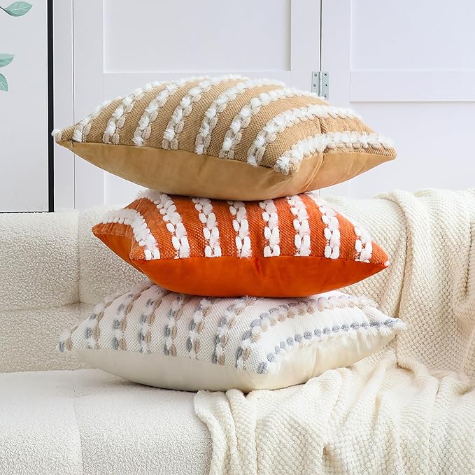 18x18 Boho Pillow Cover - Chenille Tufted Decorative Throw Pillow Cover Velvet Backing, Farmhouse Striped Square Accent Pillow Case for Sofa, Couch, Bedroom, Living Room, Dark Khaki, White