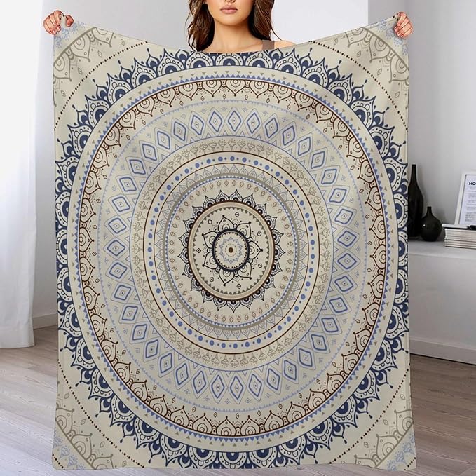 Mandala Throw Blanket Retro Eastern Backdrop Swirled Cosmic Lotus Yoga Boho Artwork Blanket for Sofa Bed Couch Chair Or Dorm 60"x80"