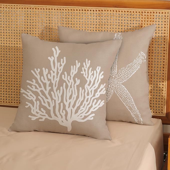 Coastal Pillow Covers 18x18 Inch Set of 2 Brown Tan Coral Starfish Throw Pillows Summer Nautical Beach Ocean Decorations Linen Pillowcase Outdoor Decor Farmhouse Cushion Case for Home Bedroom