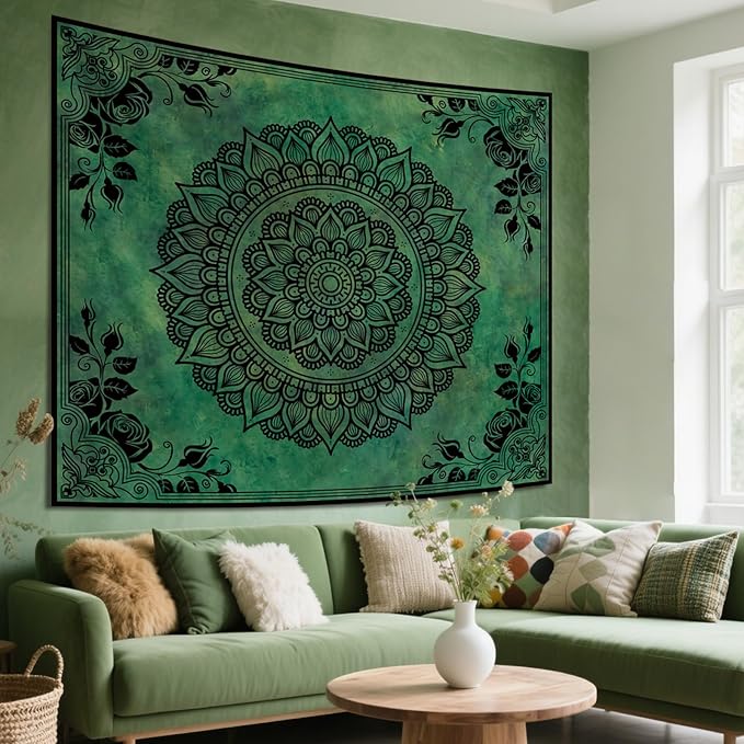 Apdidl Boho Mandala Green Tapestry for Bedroom Aesthetic, Hippie Indian Vintage Floral Decor Wall Hanging, Bohemian Ceiling Flower Plants Art Backdrop Wall Tapestries for Dorm Living Room 60" X 79"
