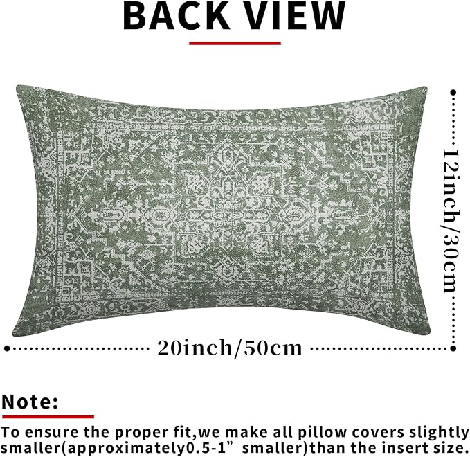 Sage Green Boho Lumbar Pillow Covers 12x20 Inch Bohemian Carpet Pattern Ethnic Pillow Cases for Couch Farmhouse Vintage Geographic Rug Rectangle Pillow Cases for Bed Patio Covers Outdoor Indoor Set 2