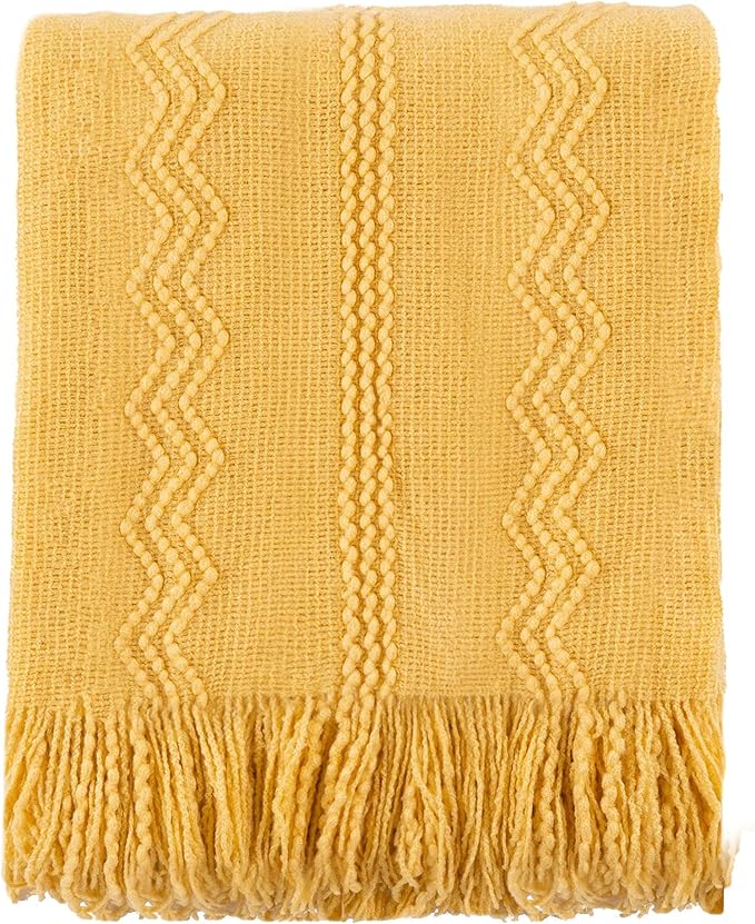 BATTILO HOME Mustard Throw Blanket with Fringe Geometric Bed Yellow Throws Summer Breathable Decorative Large Throw for Couch Sofa Indoor Outdoor (Yellow, 50"x60")