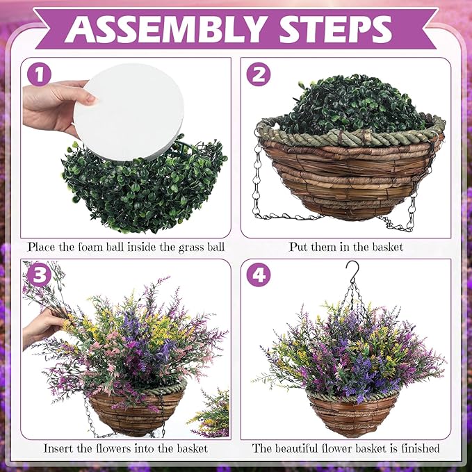 2 Sets Artificial Lavender Flowers with Hanging Basket for Outdoor Indoor Artificial Faux Hanging Flowers Plants Rattan Lining for Porch Garden Yard Spring Summer Decor(Colorful)