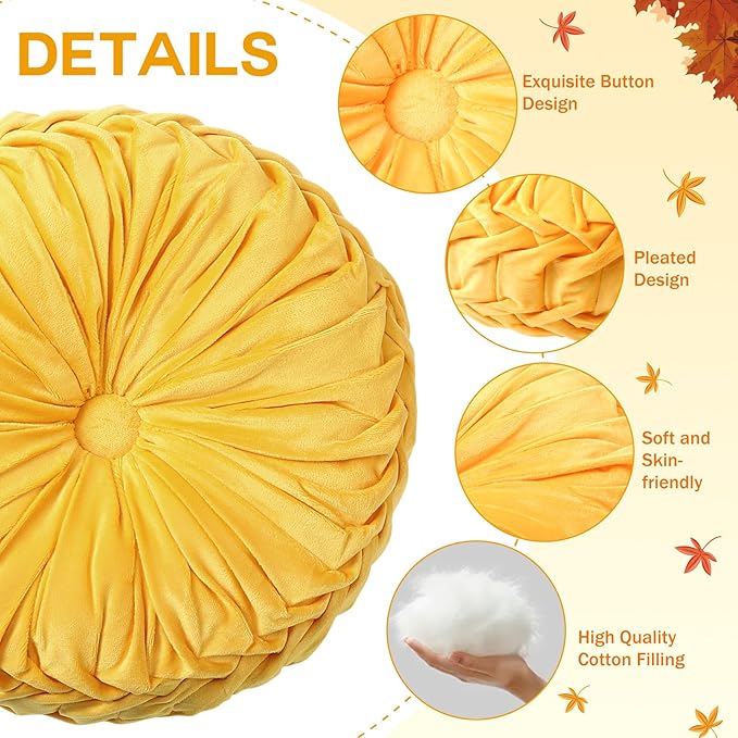 4 Pcs Round Throw Pillows 15 Inch Decorative Velvet Pleated Pumpkin Pillows Boho Floor Pillow with Center Button for Living Room Couch Chair Bed Sofa Home Decoration (Yellow)