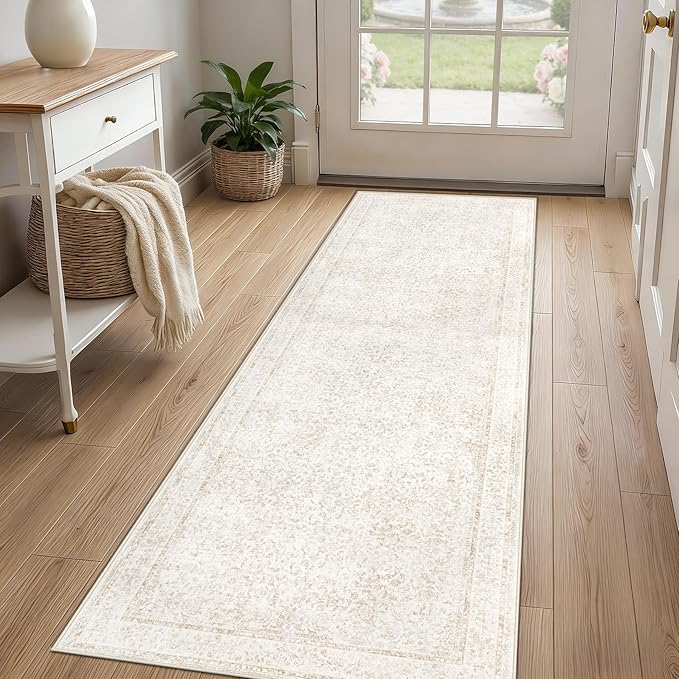 2x8 Hallway Runner Rug: Washable Vintage Floral Entryway Rugs Low Pile Non-Slip Boho Carpet for Kitchen, Bedroom, Bathroom, Dining Room (FloralBeige, 2'x8')