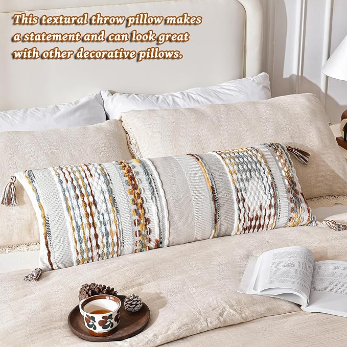 AmHoo Chenille Striped Textured Boho Throw Pillow Covers Aesthetic with Tassels Woven Decorative Pillow Case for Couch Bed Sofa Bedroom Modern Funky 14 x 36-Inch Brown