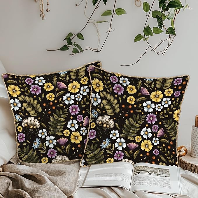 Blue Yellow Purple Floral Soft Velvet Throw Pillow Covers Set of 2 Plant Botanical Flowers Decorative Pillow Covers 20x20 In Vintage Black Pillow Case For Sofa Couch Living Room Farmhouse Home Decor