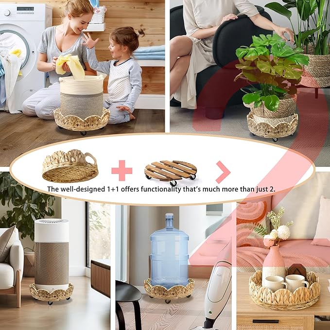 outdoor rattan plant stand round trays planter caddy with wheels, indoor wooden flower pots table decor wicker basket (Water Hyacinth)
