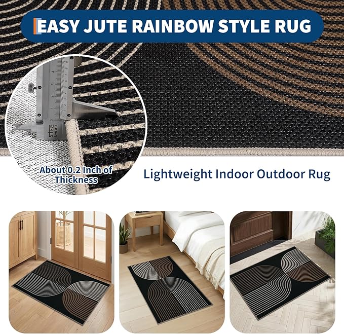 GarveeHome Rainbow Easy Jute Rug 2x3 Entryway Rug Indoor Outdoor Front Door Mat Neutral Non Slip Non Shedding Washable Carpet Farmhouse Kitchen Mat
