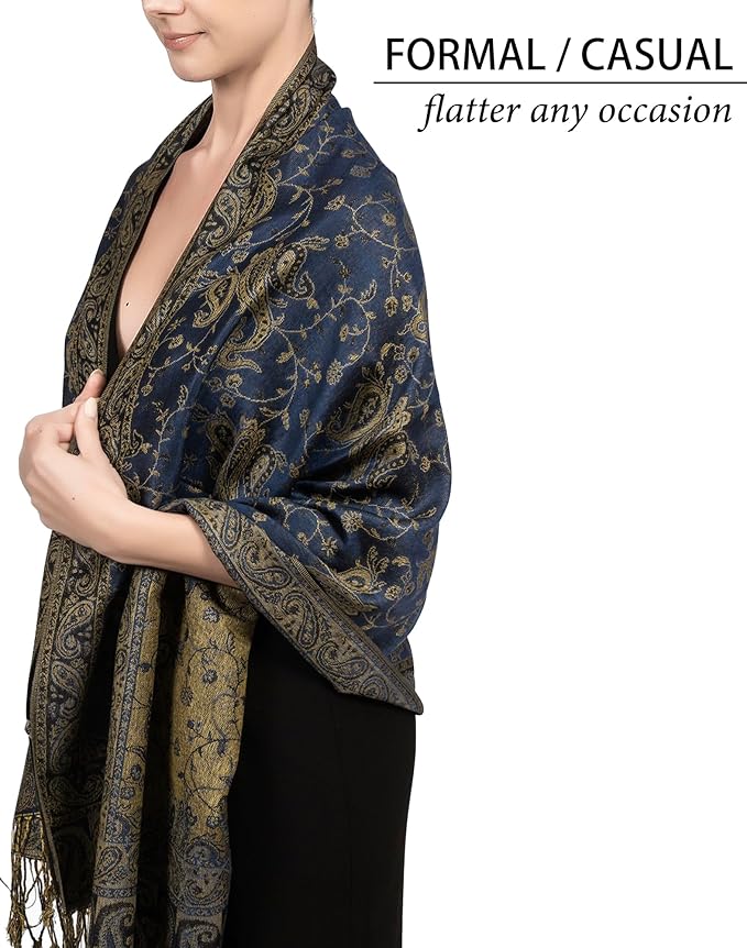 Achillea Reversible Paisley Pashmina Rave Scarf – Exotic Indian Shawls and Wraps for Evening Dresses, Festivals, All Seasons