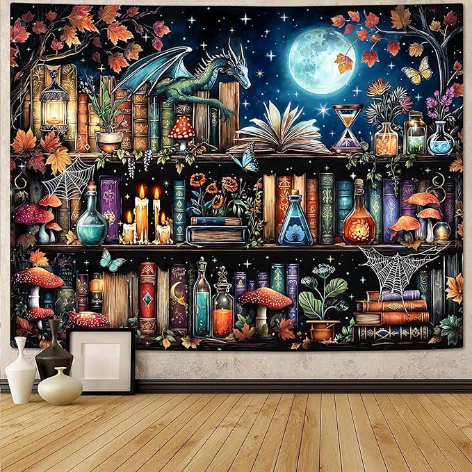 Accnicc Dragon Bookshelf Tapestry Witchy Mushroom Bookshelf Tapestries Wall Hanging Gothic Medieval Fantasy Moon Dark Academia Book Large Tapestry for Bedroom Living Room Dorm 80 x 60 inch