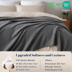 PHF 100% Cotton Muslin Blanket Queen Size 90"x90", 4-Layer Lightweight Gauze Throw, Breathable Cloud-Soft Minimalist Blanket for Bed, Couch, Camping & Baby, Greyish Black, Ideal Gift