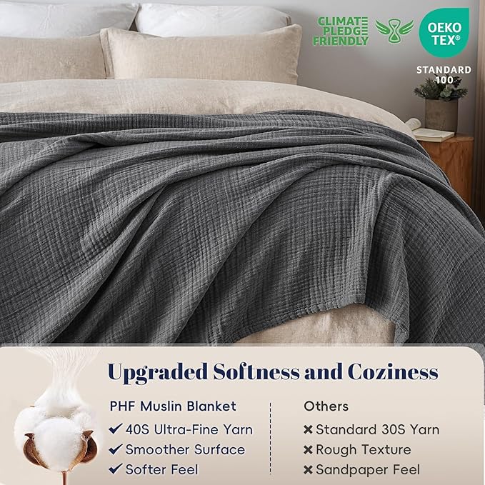 PHF 100% Cotton Muslin Blanket King Size 108"x90", 4-Layer Lightweight Gauze Throw, Breathable Cloud-Soft Minimalist Blanket for Bed, Couch, Camping & Baby, Greyish Black, Ideal Gift