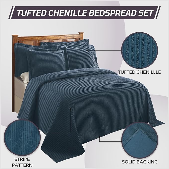 Better Trends Chenille Bedspreads Queen Size, Teal 100% Cotton Chenille Stripe Design Tufted Bedding Coverlet Soft Lightweight, 102"x110" with 2 Sham 3 Pieces Set Jullian Collection