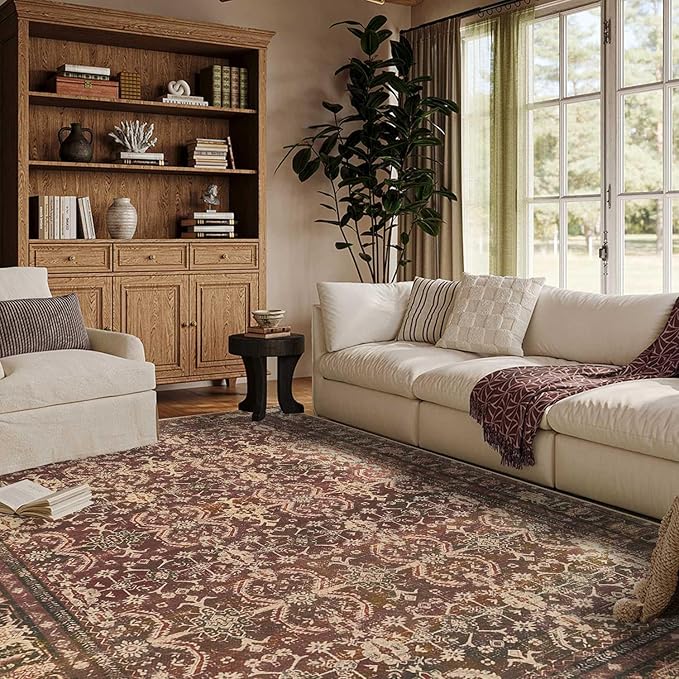 6x9 Area Rugs for Living Room Bedroom, Large Washable Christmas Rug, Vintage Oriental Boho Rug, Non Slip & Low Pile Faux Wool Thin Carpet for Indoor Dining Room, Classroom Dorm and Kids Room