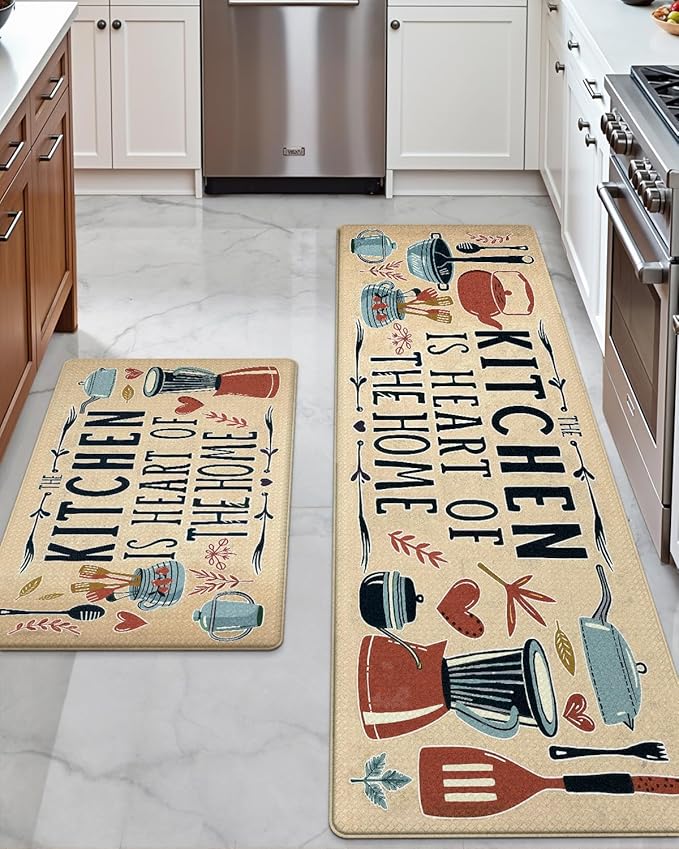 DEXI Kitchen Mats for Floor 2 Piece Set,17x29+17x59, Cushioned Standing Mat Anti Fatigue, Waterproof Comfort Farmhouse Padded for Laundry Room Office, Beige/Black
