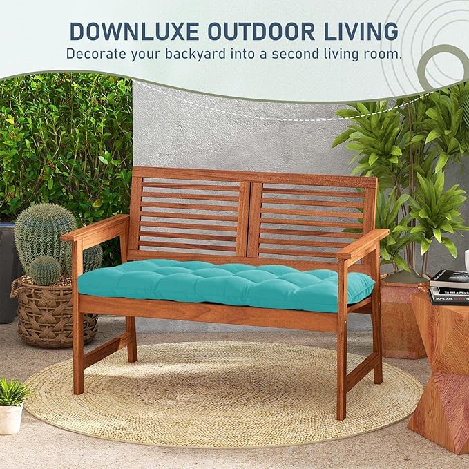 downluxe Outdoor Bench Cushion for Patio Furniture, Water Resistant Tufted Overstuffed Porch Swing Cushions, Thick Outdoor Loveseat Cushions, 44" X 19" X 5", Teal, Set of 1