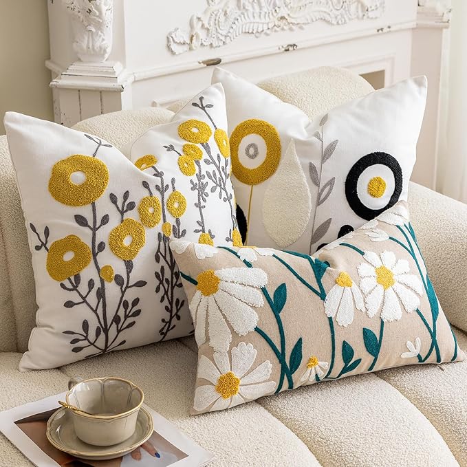 vctops Boho Floral Tufted Decorative Throw Pillow Cover Botanical Embroidered Cotton Cushion Cover for Couch Sofa Bed (Flower C,18"x18")