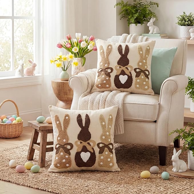AVOIN colorlife Easter Polka Dot Love Heart Bunny Embroidered Throw Pillow Covers, 18 x 18 Inch Bow Rabbits Tufted Patterned Linen Decoration Cushion Case for Sofa Set of 2