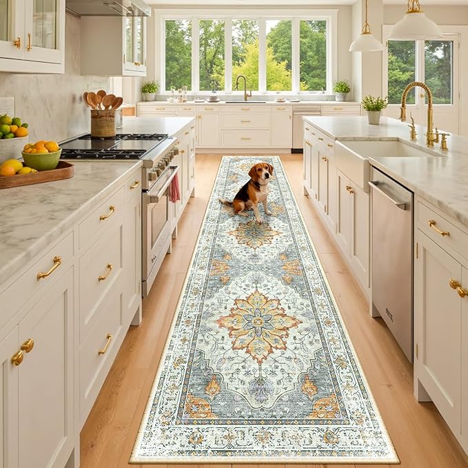 Area Rugs 2'x10' Runner Rug Non Slip Washable for Kitchen Hallway Bedroom Beside Laundry Room Bathroom Rug, Floor Carpet, Light Yellow Carbon Grey Orange